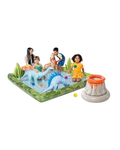 INTEX Jurassic Adventure Inflatable Kiddie Pool with Water Sprayer, Slide & Dinosaurs - 79" x 79" x 14" - Ages 2+