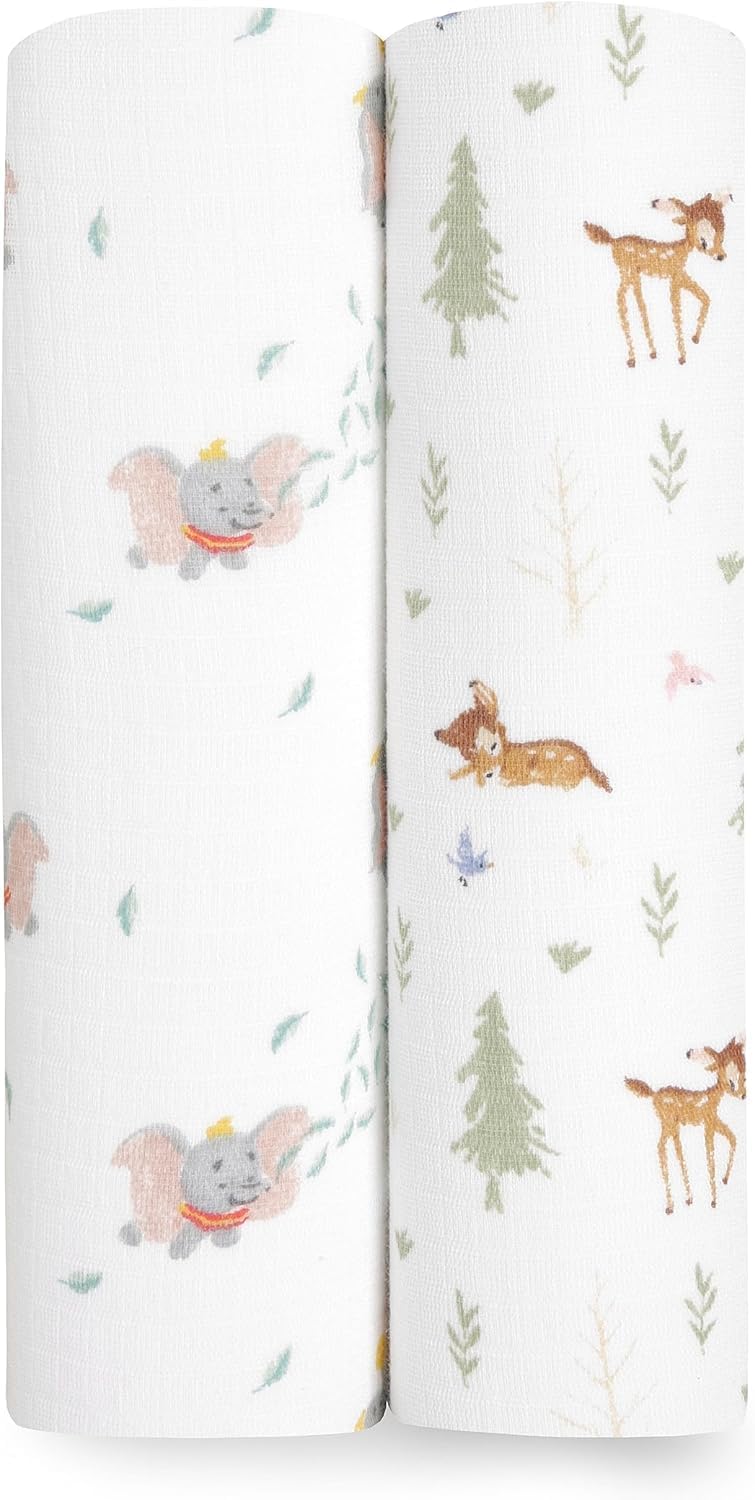 aden + anais Essentials Muslin Swaddle Blankets, Newborn Receiving Blanket for Swaddling, 100% Cotton Baby Swaddle Wrap, 2 Pack, Disney + Friends