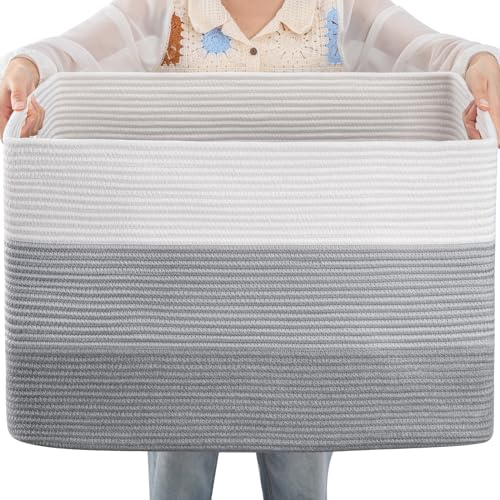 OIAHOMY 108L Large Cotton Rope Basket, Rectangle Woven Baskets for Storage, Nursery Blanket Storage Living Room, Toy Basket With Handle-25x16x16-Gradient Grey