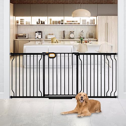 Owlie Baby Gate with Door 66-75 Inch, Extra Wide Stair Gates for Kids Adjustable Wide Dog Pet Gate Stairway Large Baby Gates Pressure Mount for Pets for House Stairway Doorway Black (30.5'' Tall)