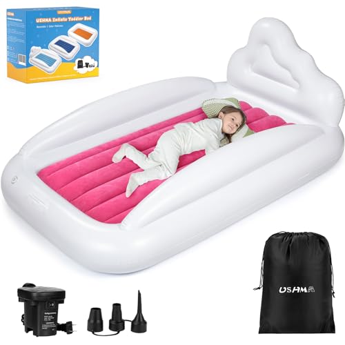 Inflatable Toddler Travel Bed, Double-Sided Kids Air Mattress | Kids Blow up Mattress with Sides | Travel Portable Toddler Bed for Travel, Sleepovers - Pink & & Aquamarine