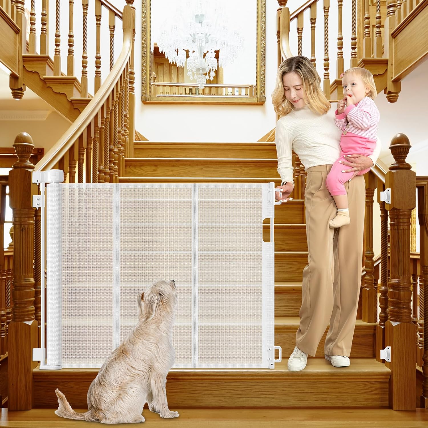 Reinforced Retractable Baby Gates for Stairs 55 Inch Reinforced Strip Baby Stair Gate Retractable Dog Gate for Stairs Retractable Gate for Stair Post, Banister to Banister, Banister to Wall, Doorway