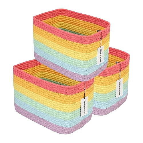 3-Pack Rainbow Storage Baskets 14.5X9.5X9.3  Woven Toy Organizer Bins for Kids, Baby Room, Nursery, and Classroom  Cute Square Rope Baskets for Shelves and Organization Rainbow