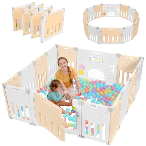 Baby Playpen, Dripex Baby Playard for Babies and Toddlers, 14-Panel Foldable Playpen Adjustable Portable Play Area, Indoor/Outdoor Kids Active Center with Game Panel & Safety Gate, Yellow White