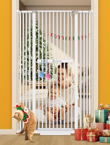 60" Extra Tall Cat Gate for Doorway,30-40" Wide Cat Pet Gate No Climb,Pressure Mounted Auto Close,No Drilling White Metal Tall Dog Gates for Doorways,Stairs,Cat Toy Included