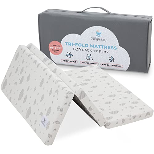 Babylicious Waterproof Pack and Play Mattress Topper | 38" x 26" x 1.5" | Carry Bag Included | Trifold Style - Breathable Soft Plush Foam - Portable Mattress Topper- Baby Foam Mattresses for Babies