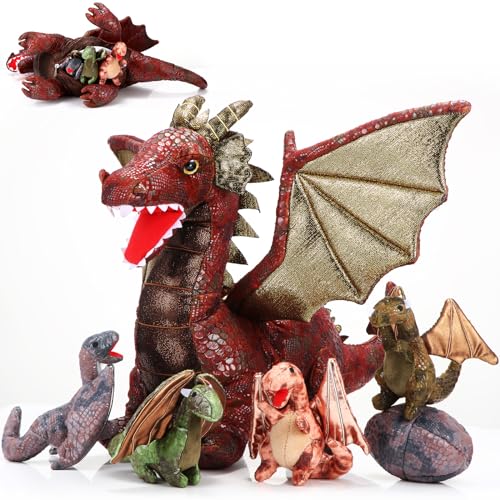 Deekin 7 Pcs Dragon Toy Set 16 Inch Large Dragon Stuffed Animal with 4 Baby Plush and 2 Eggs in Mommy's Belly Dinosaur Plushies Gifts for Boys Girls Birthday Christmas(Retro Style)