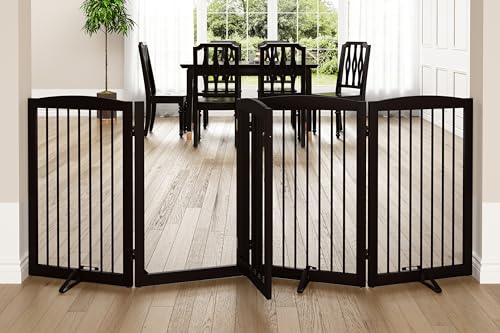 Freestanding Dog Gates with Door Walk Through, 80 inch Wide Gates Indoor, Dog Fences Indoor, Support Feet Included, 4 Panels, 32" Tall, Dark Brown