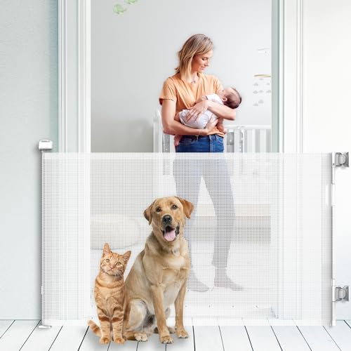 Upgraded Retractable Baby Gate for Stairs, 33"Tall Expands 71"Wide Ideal Safety Solution Dog Gate for Stairs Doorways Hallways Indoor Outdoor Mesh Baby Gate Retractable Screen Door(White,86CMx180CM)