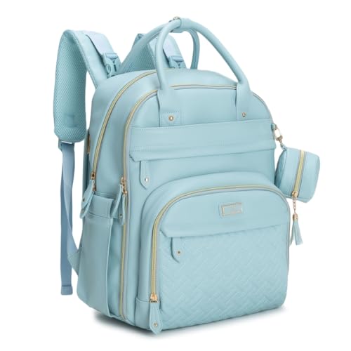 BabbleRoo Leather Diaper Bag Backpack - Baby Essentials Travel Baby Bag, Multi function, Water Resistant, with Changing Pad, Stroller Straps & Pacifier Case  Unisex, Powder Blue