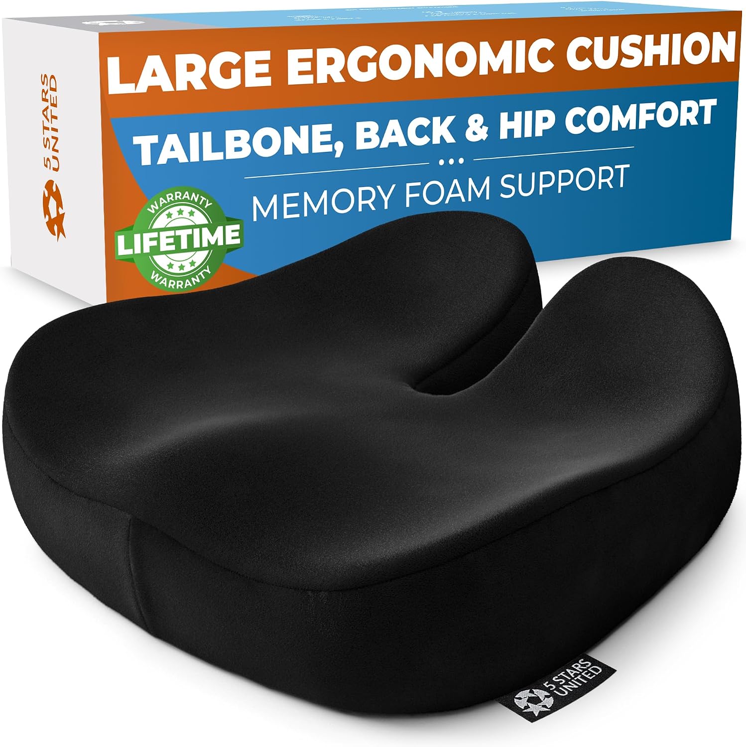 5 STARS UNITED Seat Cushion for Tailbone Pain Relief  Large Memory Foam Cushion for Coccyx, Hip, Sciatica & Post-Surgery Recovery  Wheelchair, Car, Desk, Gaming & Office Chairs, Black