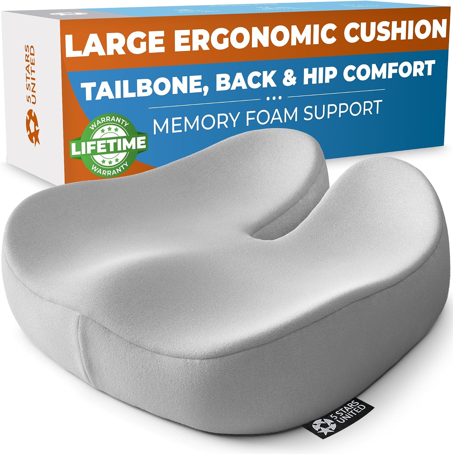 5 STARS UNITED Seat Cushion for Tailbone Pain Relief  Large Memory Foam Cushion for Coccyx, Hip, Sciatica & Post-Surgery Recovery  Wheelchair, Car, Desk, Gaming & Office Chairs, Light Gray