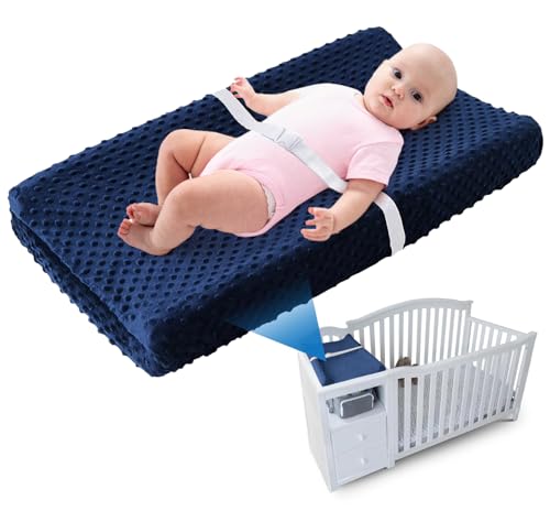 LOONAH Compact Small Changing Pad with Cover - 27" X 16" Contoured Baby Diaper Changing Pad for Combo Crib with Changing Table-Waterproof & Hypoallergenic, Safety Strap with Quick-Release Buckle-Blue