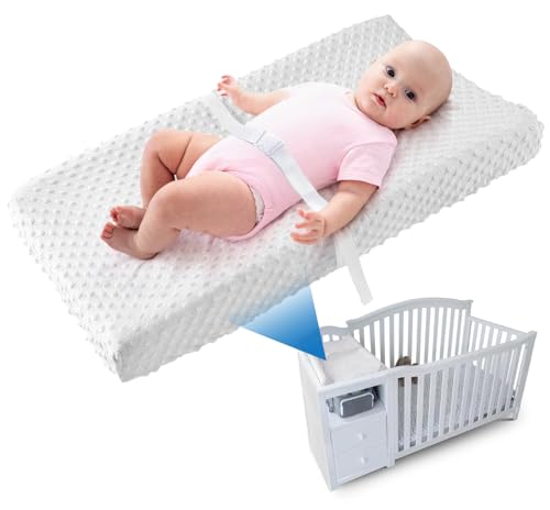LOONAH Compact Small Changing Pad with Cover - 27" X 16" Contoured Baby Diaper Changing Pad for Combo Crib with Changing Table-Waterproof & Hypoallergenic, Safety Strap with Quick-Release Buckle-White