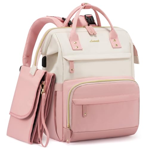 LOVEVOOK Diaper Bag Backpack, Baby Bag with Changing Station, Large Diaper Backpack for Moms Dads, Waterproof Leather Accents Baby Boy and Girl Bag for Travel Baby Essentials, Pink-Beige