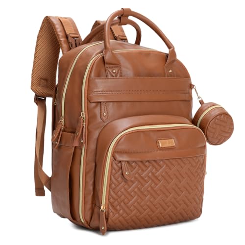 BabbleRoo Leather Diaper Bag Backpack - Baby Essentials Travel Baby Bag, Multi function, Waterproof, with Changing Pad, Stroller Straps & Pacifier Case  Unisex, Natural Brown