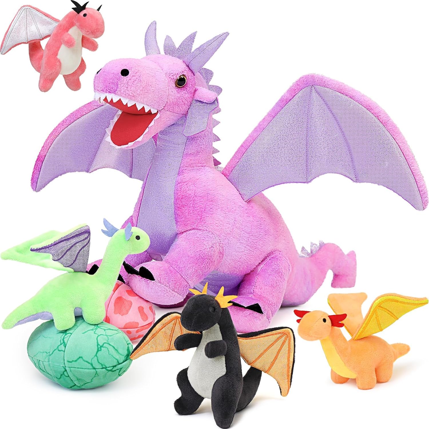 MaoGoLan 7 Pcs Dragon Plush Toy Set for Kid, 22 inch, Large Dragon Stuffed Animal with 4 Babies and 2 Eggs in Mom's Belly,Dinosaur Plush Gifts for Boy Girl Birthday Christmas Party Decor Pink