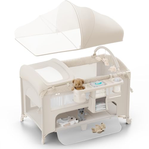 4 in 1 Baby Bassinet, Pack and Play, Bedside Crib Sleeper, Diaper Changer - Comes with Mattress, Mosquito Net, Bottom Storage and Toy Bar for Newborn to Toddles