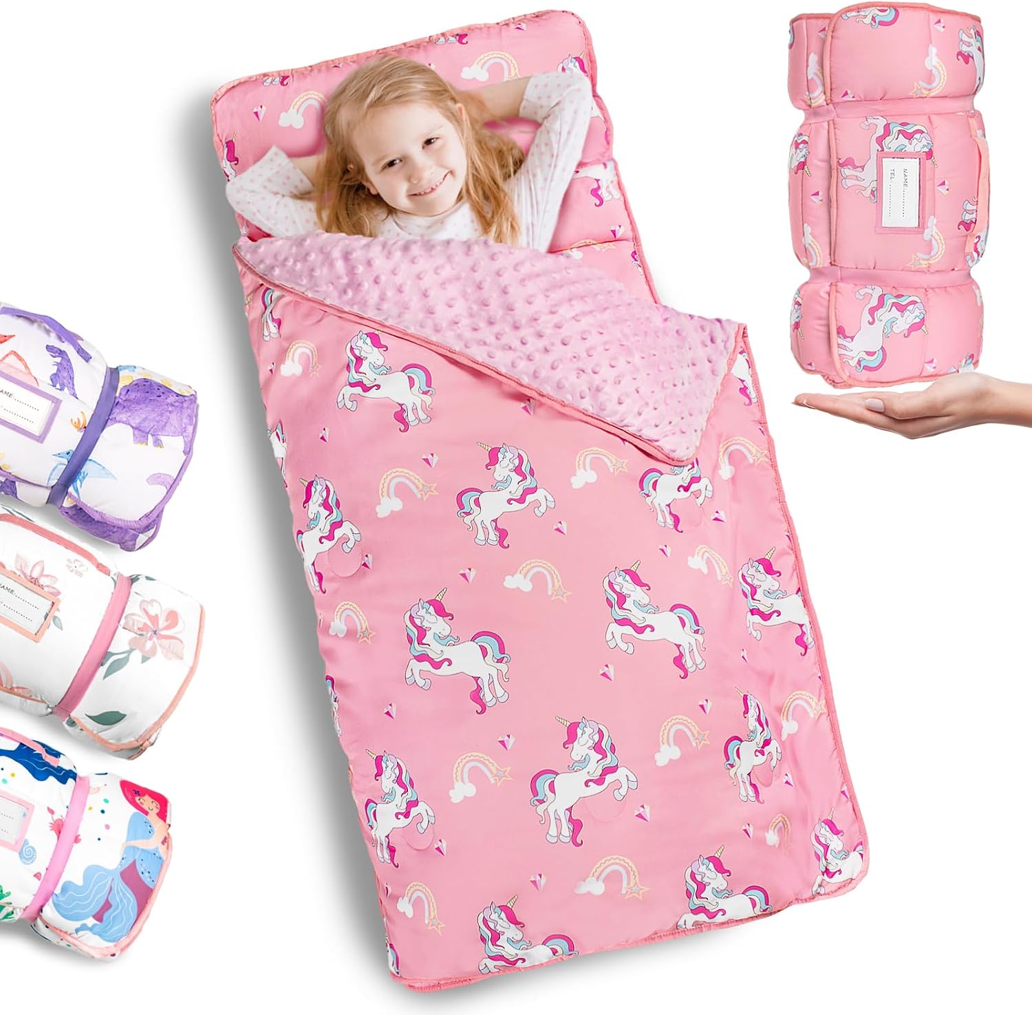 Primlect Thickened Toddler Nap Mat with Removable Pillow and Minky Blanket, Extra Large 55''x35'' Sleeping Bag, Washable, Roll up, Perfect for Daycare, Preschool, Kindergarten, Boys and Girls Unicorn