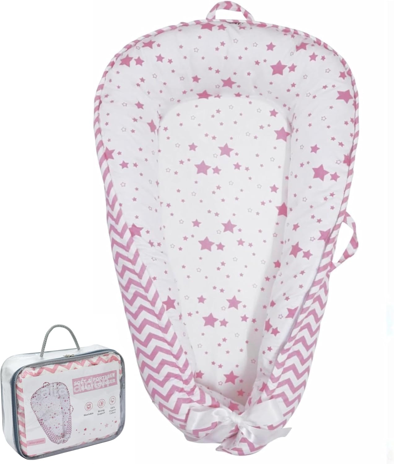 Baby Lounger | Organic Cotton Infant Lounger | Reversible, Adjustable & Portable Floor Lounger | Supervised Use | Soft, Breathable, Washable Cover - Star Collection (Pink)
