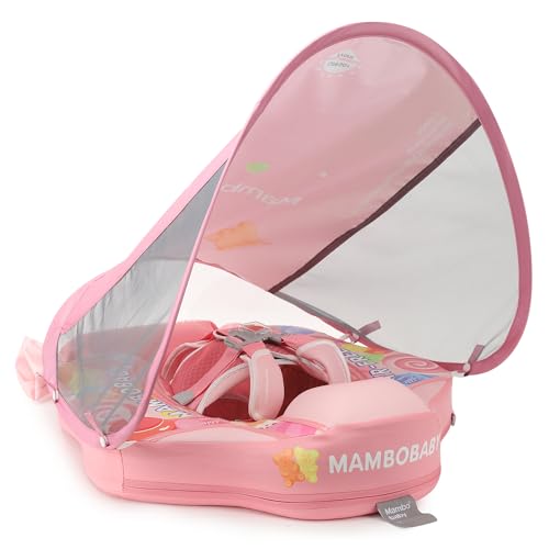 Mambobaby Float Add Tail Baby Swim Float with Canopy Solid Pool Infant Swim Trainer Swimming Training Lying Air Free Water Floats Non-Inflatable Waist Swim Ring for Toddlers (Candy)