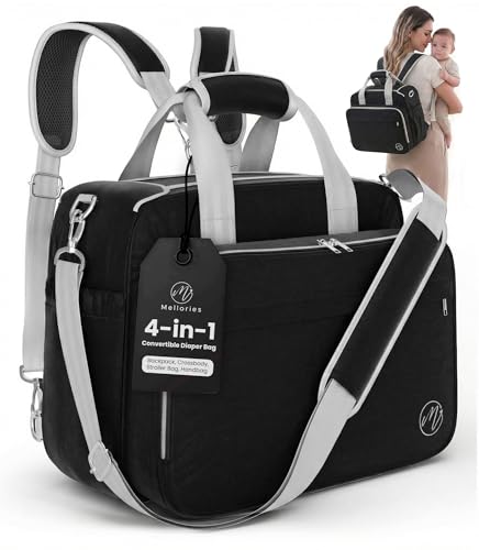 4 in 1 Convertible Diaper Bag Tote For Baby Boys and Girls - Converts Into Diaper Backpack, Baby Tote, Stroller Bag and Crossbody Diaper Bag - Black Baby Travel Bag - Gift for Mom