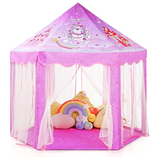 Monobeach Princess Tent Girls Unicorn Large Playhouse Kids Castle Play Tent with Star Lights Gift Toy for Children Indoor and Outdoor Games, 55'' x 53'' (DxH)