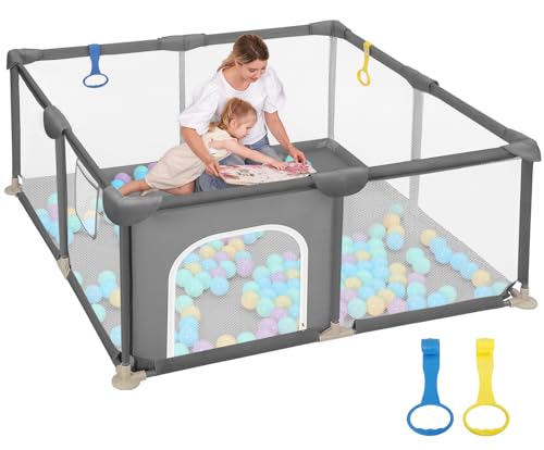 Dripex Baby Playpen, 47"47" Play Pens for Babies and Toddlers, Safe Anti-Fall Play Yard with Gates, Baby Fence with Breathable Mesh, Indoor & Outdoor Kids Activity Center, Grey