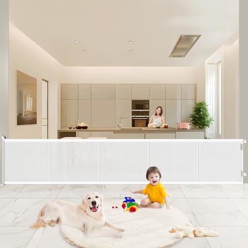 Pawtners Retractable Baby Gates Extra Wide, 41" Tall Extends up to 120" Wide, Dog Gate Indoor with Cat Door for Stairs, Pet Gate with Support Rods for Doorways Hallways Indoor & Outdoor-White