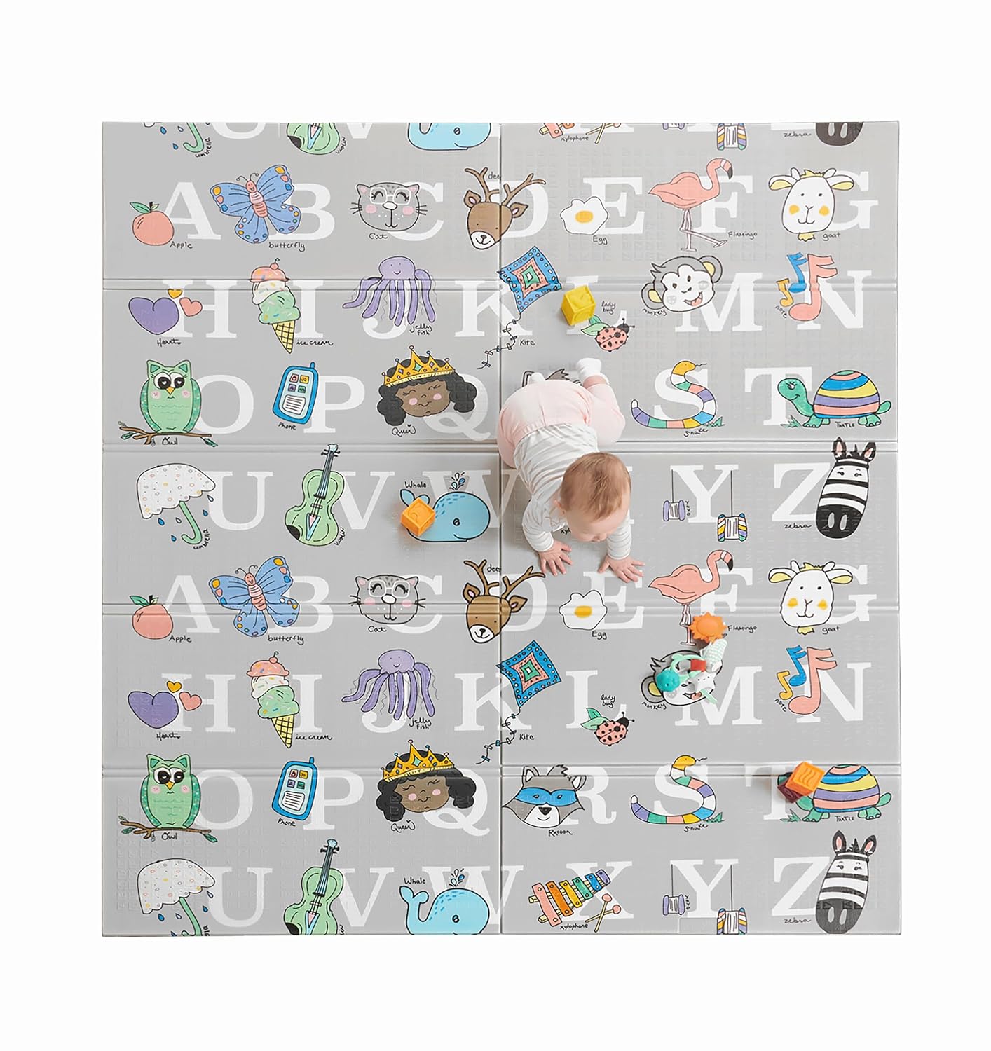Regalo 77"x71" Extra Large Alphabet Play Mat for Babies and Toddlers, Alphabet Animal and Object Learning Mat, Non-Toxic Waterproof Foam Design, Reversible, Foldable for Easy Storage, Wipe Clean, Gray