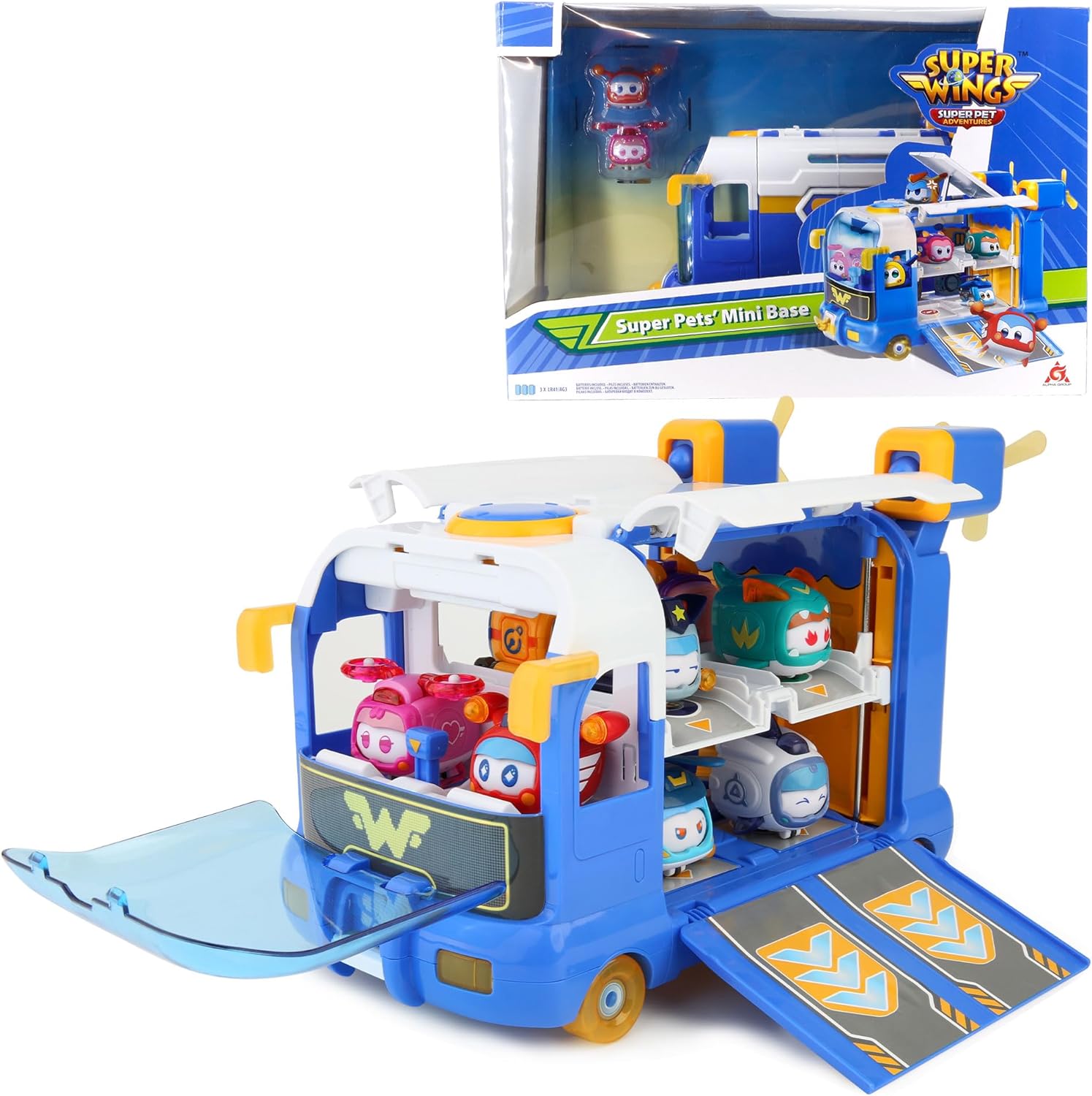 Super Wings Season 7 New Super Pets' Mini Base, Transforming Playset from Bus to Aircraft, with Super Pet Jett & Dizzy, Role Play Toys for Kids, Gifts for Girls Boys Age 3+