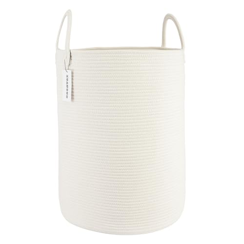Cotton Rope Laundry Basket Hamper for Clothes Woven Storage Basket for Living Room Bedroom Boho Tall Rope Baskets for Blanket Toys Pillow Towels Baby Nursery Hamper Bin Large white