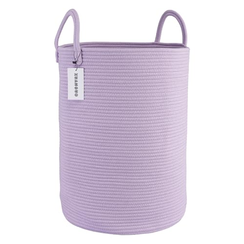 Cotton Rope Laundry Basket Hamper for Clothes Woven Storage Basket for Living Room Bedroom Boho Tall Rope Baskets for Blanket Toys Pillow Towels Baby Nursery Hamper Bin Large purple