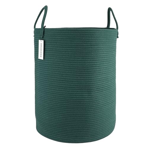 Cotton Rope Laundry Basket Hamper for Clothes Woven Storage Basket for Living Room Bedroom Boho Tall Rope Baskets for Blanket Toys Pillow Towels Baby Nursery Hamper Bin Large dark green
