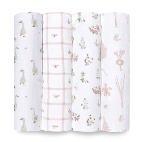 aden + anais Essentials Baby Muslin Swaddle Blankets, Newborn Receiving Blanket for Swaddling, 100% Cotton Baby Swaddle Wrap, 4 Pack, Country Floral