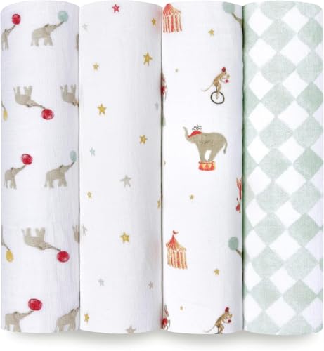 aden + anais Essentials Baby Muslin Swaddle Blankets, Newborn Receiving Blanket for Swaddling, 100% Cotton Baby Swaddle Wrap, 4 Pack, Elephant Circus