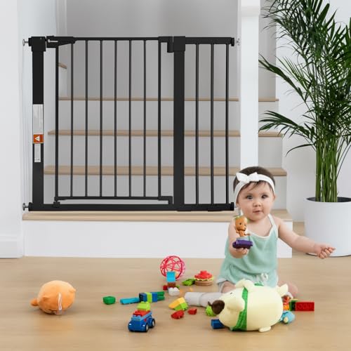 COMOMY 30" Tall Baby Gate for Stairs Doorways, Fits Openings 29.5" to 40.5" Wide, Auto Close Extra Wide Dog Gate for House, Pressure Mounted Easy Walk Through Pet Gate with Door, Black