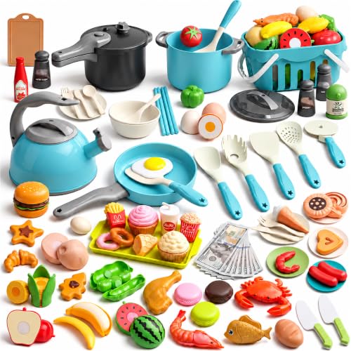 130Pcs Kitchen Playset, Toddler Pretend Cooking Play Pots, Pans, Utensils Cookware, Daily Food Fruit Veges, Shopping Storage Basket, Dessert, Prop Money, Learning Gift for Child (Turquoise)