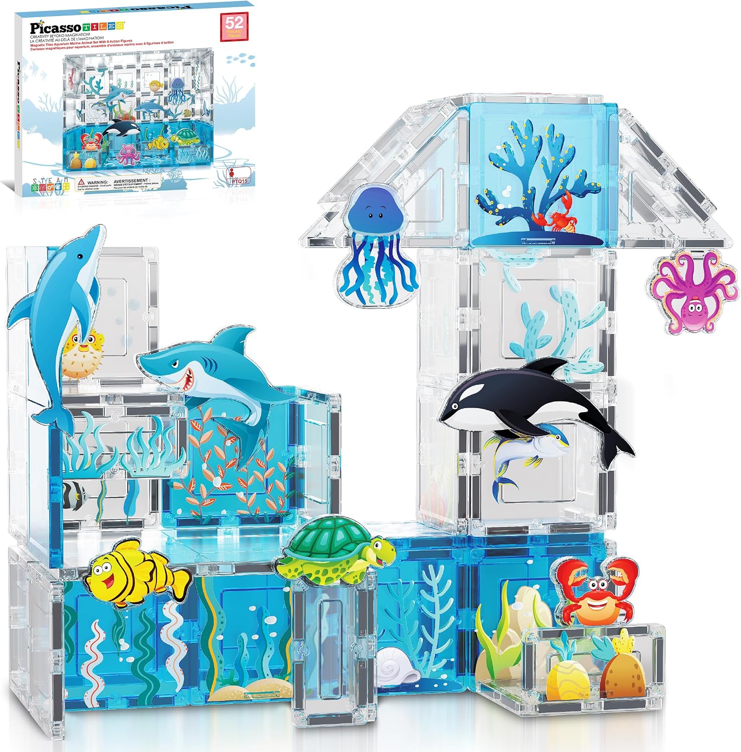 PicassoTiles Magnet Tiles Magnetic Building Blocks Aquarium Marine Animal Theme Set with 8 Character Action Figures Shark Crab Turtle STEM Toys Construction Preschool Toddlers Kids Boys Girls 3+ PTQ15