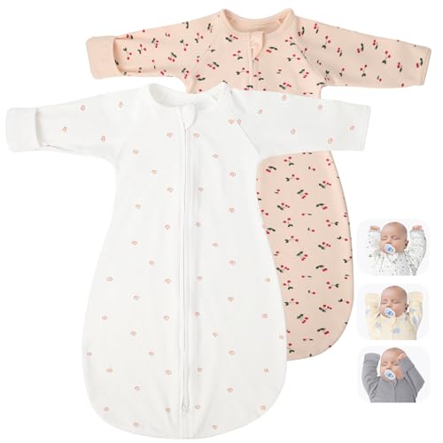 2 Pack Transitional Swaddle Sack with Arms Up Length Sleeves & Mitten Cuffs, Sleeping Sack Bag 2 Ways Zipper, Wearable Swaddling Blanket for Newborns Baby Snug Fit Calms Startle Reflex