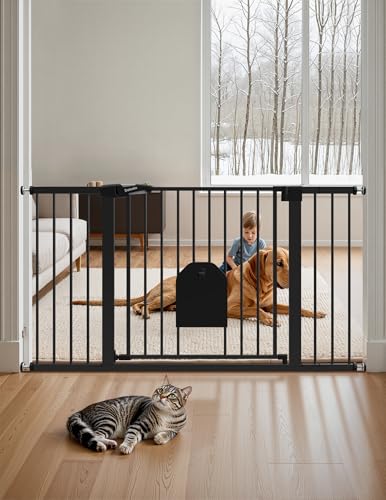 Babelio 36-56" Extra Wide Auto Close Baby Gate with Cat Door,Pet Gate Indoor with Extra Wide Walk Thru Door, Metal Dog Gate for Doorway, Stairs, Includes 4 Wall Cups and 3 Extension Pieces, Black