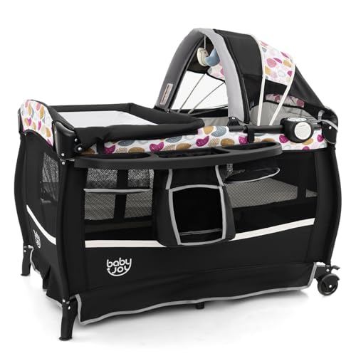 BABY JOY 4 in 1 Pack and Play, Portable Baby Playard with Bassinet & Flip-Away Changing Table, Canopy, Infant Bassinet with Storage Basket, Oxford Bag from Newborn to Toddlers (Circle)