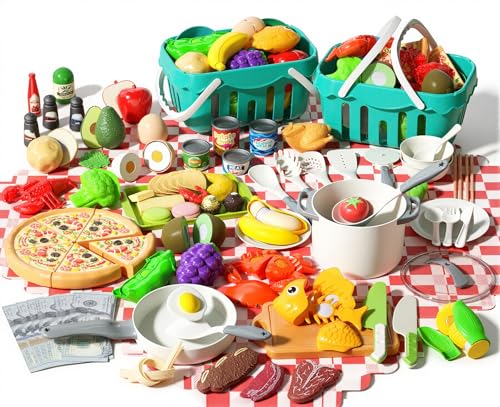 150Pcs Kitchen Playset, Toddlers Pretend Cooking Cookware Accessories, Food, Picnic Blanket, Fruits, Veges, 2Pack Shopping Storage Basket, Dessert and Prop Money, Gift for Kids (White)