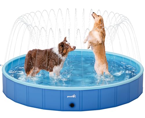 Pecute Foldable Dog Pool with Sprinkler 78" x 12", Portable Kiddie Pool Hard PVC, Multifunctional Dog Swimming Pool Splash Wading Pool, Non-Slip Pet Bathing Tub, Great for Backyard Outdoor Travel