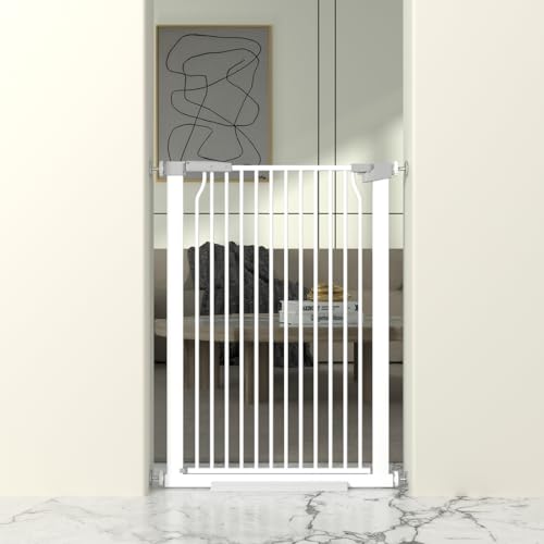 41" Extra Tall Cat Gate for Doorway, 29.6-31.5''W Metal Pet Baby Safe Gate, Extra Wide Pressure Mounted Baby Gate, No Drilling Cat Fence Indoor, Tall Dog Gate, White