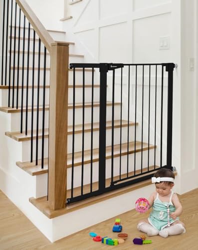 COMOMY 36" Extra Tall Baby Gate for Stairs Doorways, Fits Openings 29.5" to 40.6" Wide, Auto Close Sturdy Safety Dog Gate for House, Pressure Mounted Easy Walk Through Pet Gate with Door, Black