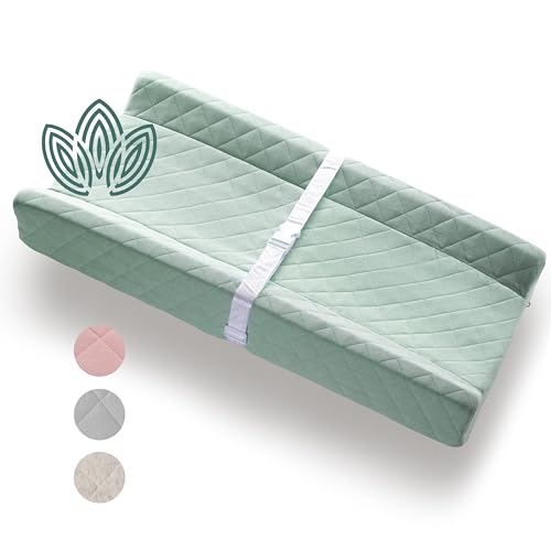 Organic Cotton Contoured Baby Changing Pad w/Waterproof Foam Mattress, Includes Soft, Removable & Washable Cover, Safety Strap, Non-Slip Bottom, Topper for Standard Size Infant Diaper Table & Dresser