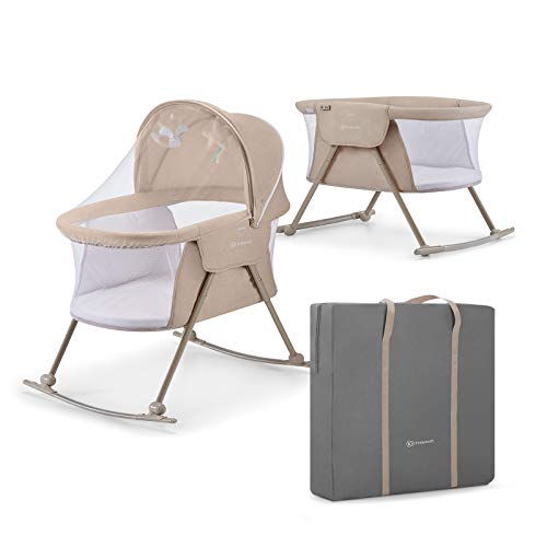 Kinderkraft LOVI Travel Bassinet for Baby, Portable Folding Baby Bed with Built-in Mosquito net, Adjustable Hood and an Additional Cradle Function. Beige