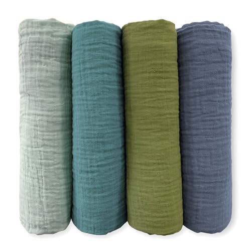 SwaddleDesigns Cotton Muslin Swaddle Blankets for Baby Boy & Baby Girl, Set of 4, Neutral Receiving Blankets for Newborn, Baby Registry & Gift, 46x46 inches, Cascadia