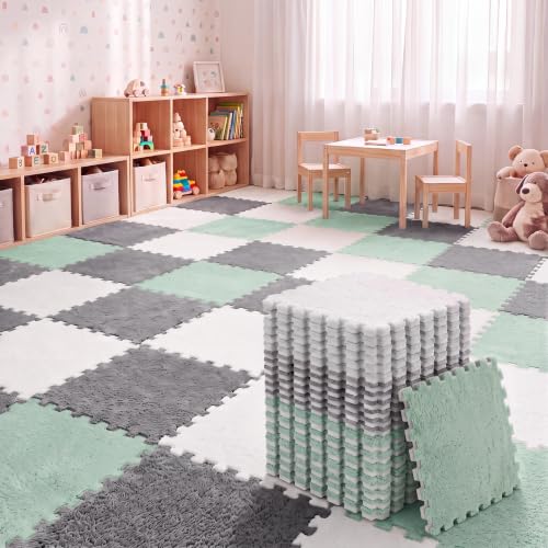 Amylove 36 Pcs Plush Foam Floor Mat Square Interlocking Carpet Tiles with Border Fluffy Play Mat Floor Tiles Soft Climbing Area Rugs for Home Playroom, 12 x 12 x 0.4 Inch(White, Gray, Mint Green)